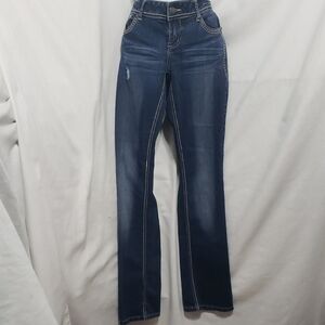 Maurices Dark Blue; Distressed; Decorative Stitch; Boot Cut Jeans. EUC Size 3/4